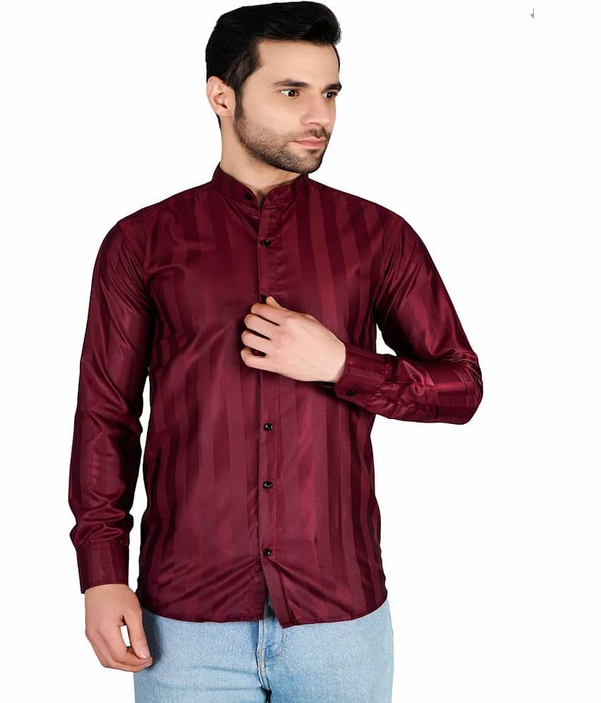 BOUGHT FIRST Satin Regular Fit Striped Full Sleeves Men's Casual Shirt - Maroon ( Pack of 1 )