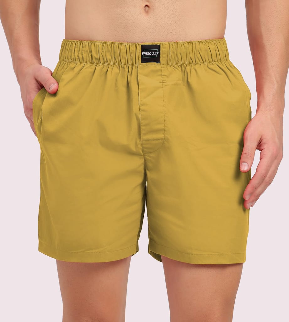 Freecultr Regular Fit Ultralight All Day Boxer Shorts for Men | 100% Cotton Fabric, Dual Deep Side Pocket, Microfibre Waistband Pack of 1-Yellow