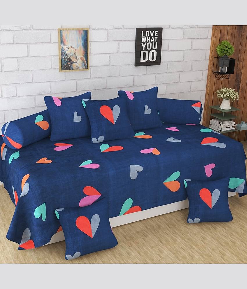 Homefab India Microfibre Dark Blue 3D Print Diwan Set 8 Pcs