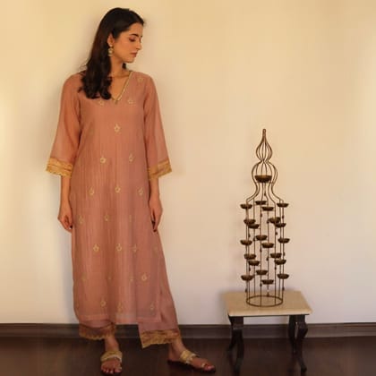 Mocha Chanderi embroidered Kurta Set-XS