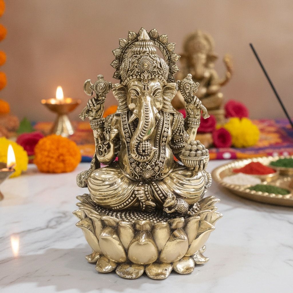 Brass Ganesh Ji Idol Statue for Home Temple, Large Size, Height : 9 Inch (BSMAS1945 G)