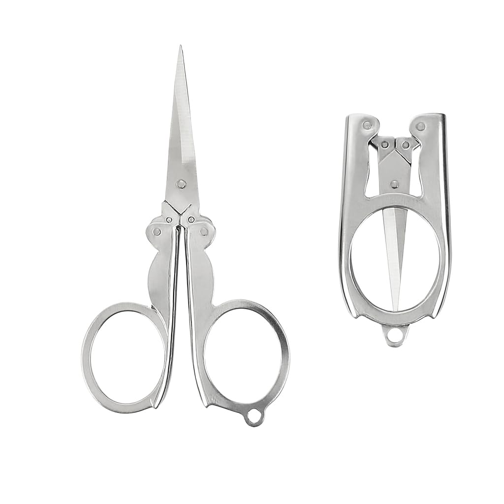 Small Folding Scissor (Pack of 2) - 10 cm Mini Unique Stainless Steel Foldable Travel Scissors - Pocket Keychain Scissors � Used for Craft, Beard Trimming, Paper Cutting, Eyebrow & Personal Care