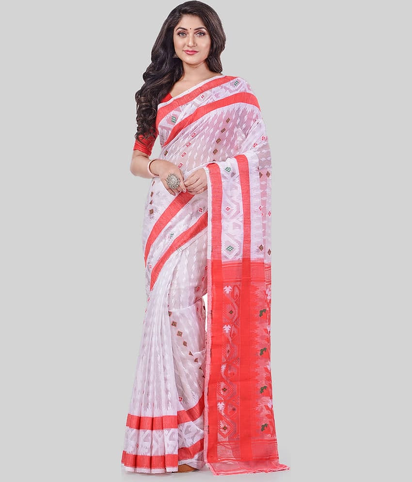 Desh Bidesh Cotton Self Design Saree Without Blouse Piece ( White )
