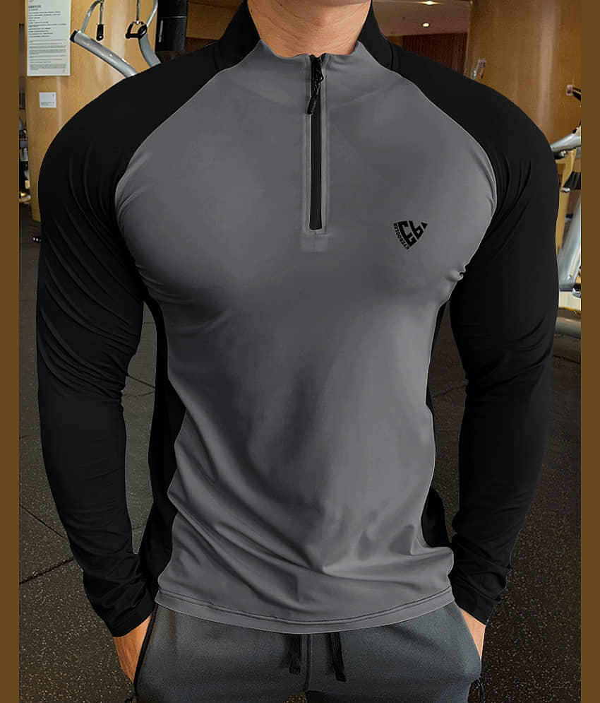 Eyebogler Polyester Regular Fit Colorblock Full Sleeves Men's High Neck T-Shirt - Black ( Pack of 1 )