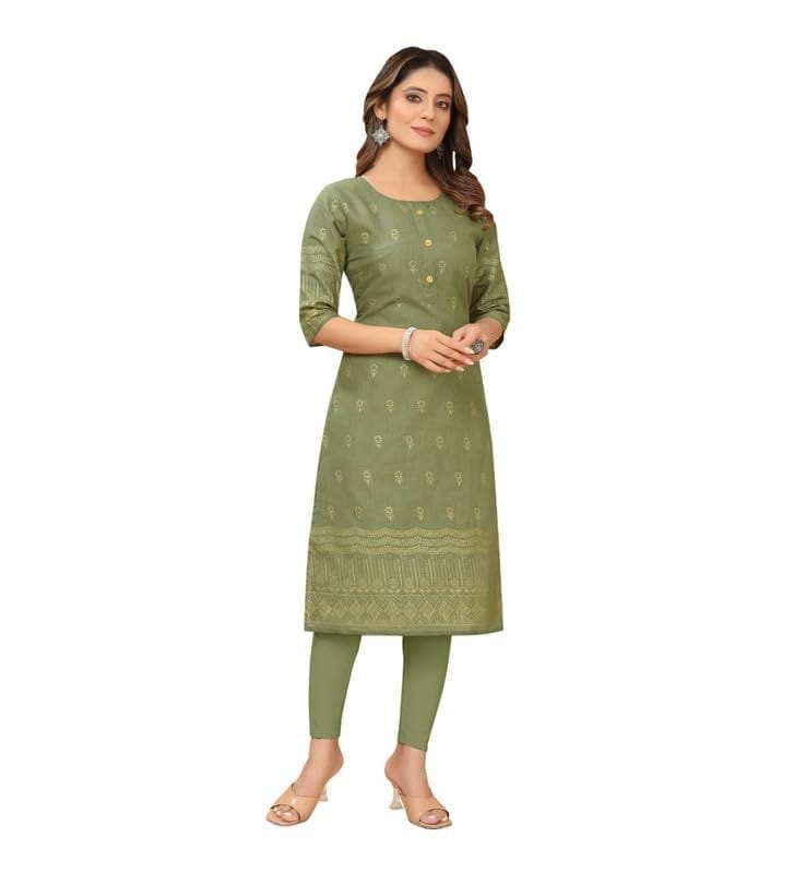 Women's Casual 3/4th Sleeve Foil Gold Printed Ruby Cotton Kurti (Green, XL)-PID46110