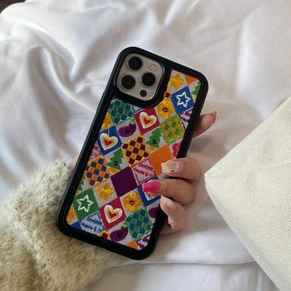 Cute 3D Plush Embroidery Fur Fabric Love Heart Grid iPhone Silicone Case-iPhone 14 Pro Max
