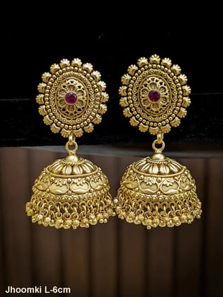 Oval top with flower center design traditional jhoomkies-Ruby