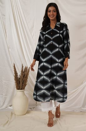 Black & White Clamp Dye Kurta-XL