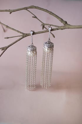 Pearl And Chain Chandelier Statement Sterling Silver Dangler Earrings-Silver