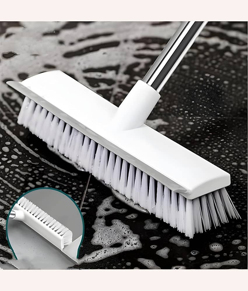 2 in 1 Bathroom Cleaning Brush with Wiper, Tile Cleaner Brush, Long Handle, White