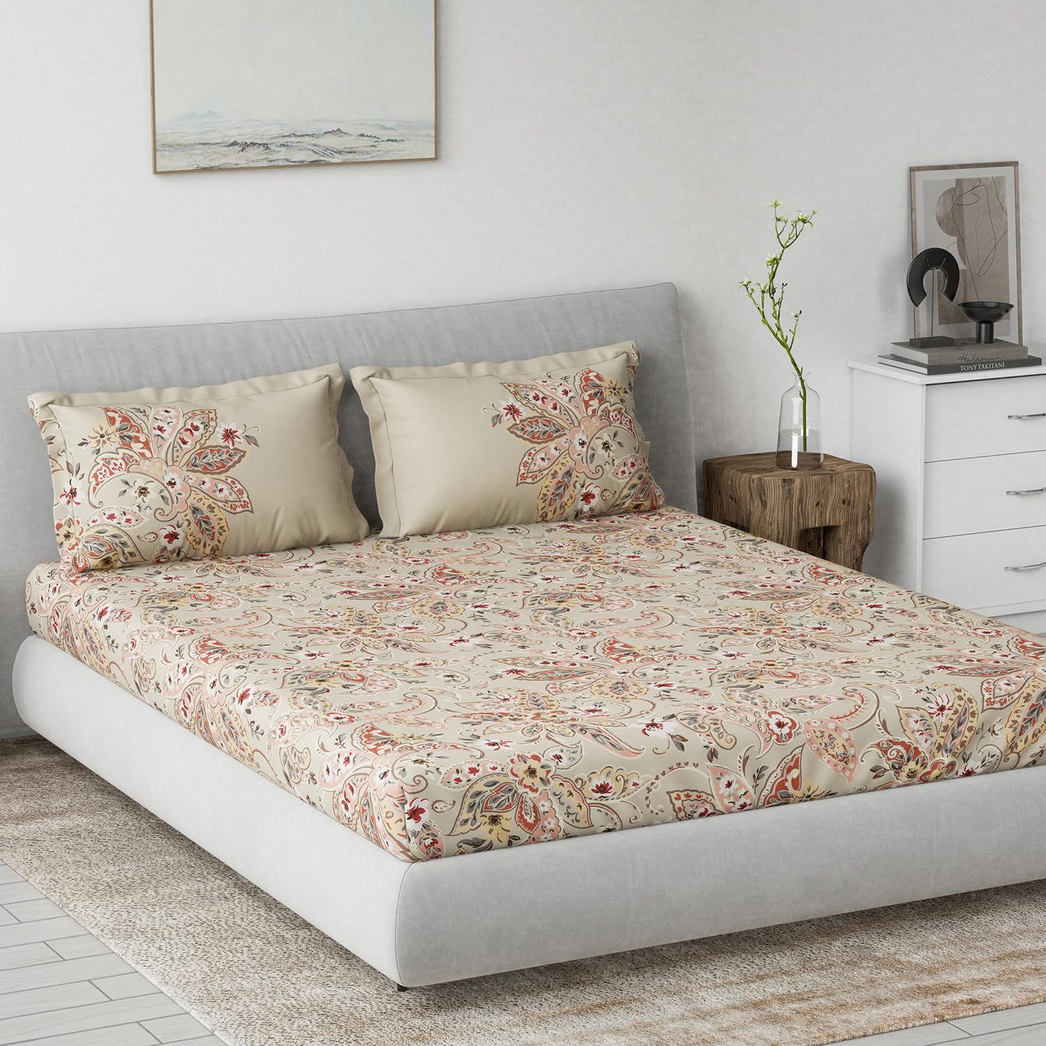 DDECOR - Primary Collection 100% Cotton Global Ethnic Pattern 145TC King Bedsheet |229 CM X 274 CM| with 2 Pillow Covers - Beige