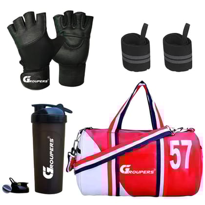 GROUPERS Duffle PU Leather Bag with Wrist BandlGym Bags(5N-SWSD-GLVS-WB-57-RDWHT) GROUPERS Duffle PU Leather Bag with Wrist BandlGym Bags(5N-SWSD-GLVS-WB-57-RDWHT)