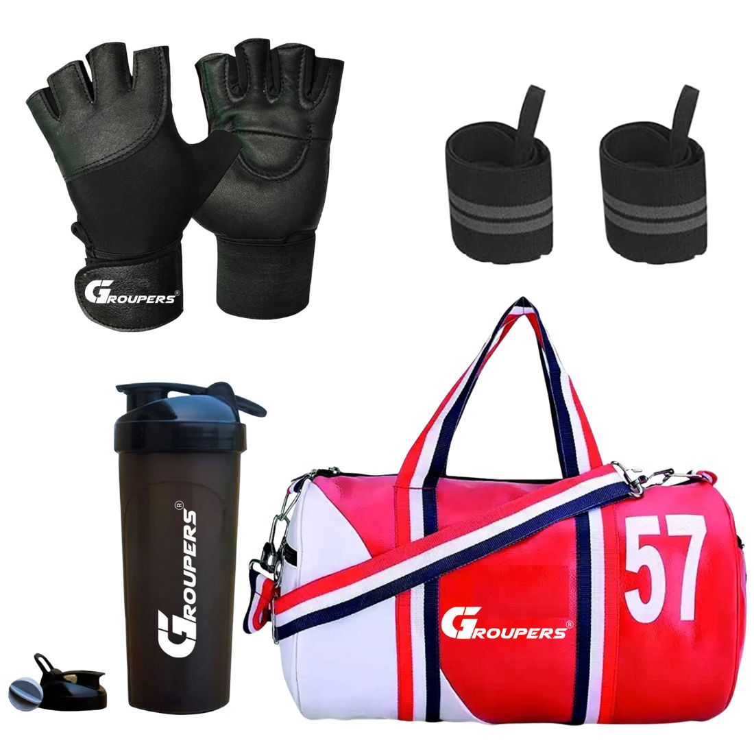 GROUPERS Duffle PU Leather Bag with Wrist BandlGym Bags(5N-SWSD-GLVS-WB-57-RDWHT)