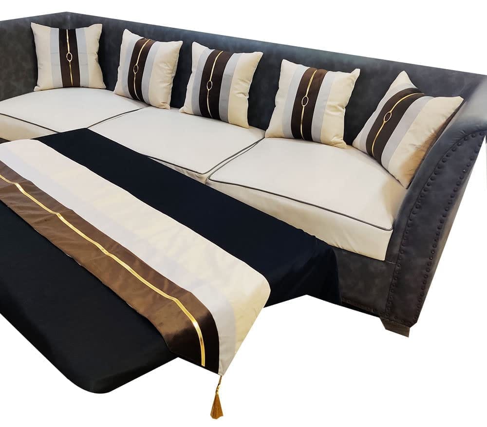 Brown Beige Buckle Leather Velvet 5 Cushion Covers and 1 Table Runner Combo Luxury Modern Pillow Cover Decorative Pillow for Sofa Living Room Bedroom |16X16 Inch Cushion Cover I12 X 59 Inch Runner