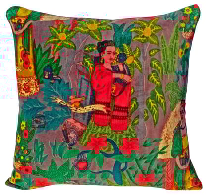 Frida Kahlo Velvet Cushion Cover- Grey-12 x 12 inches / Plain Cotton Backing