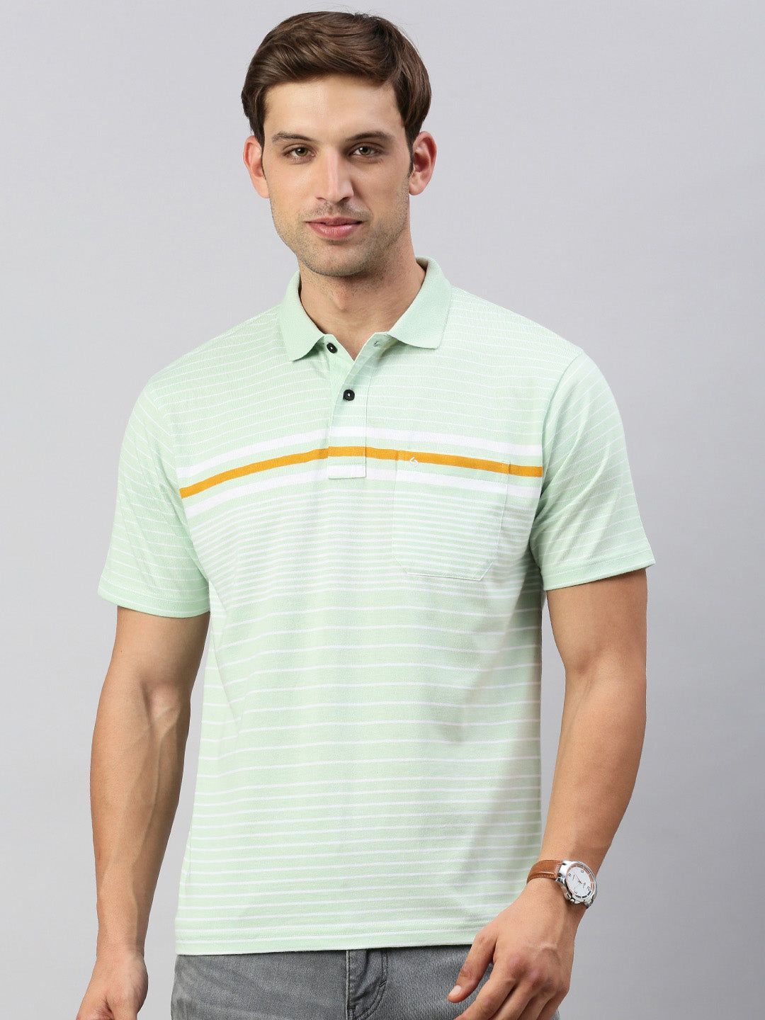 Classic Polo Men's Half Sleeve Lt.Green/White Polo Neck Authentic Fit Striped T-Shirt | AVON - 584 B AF P