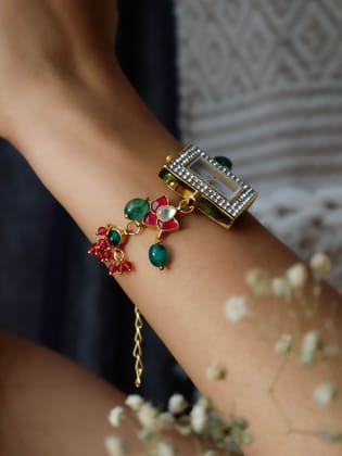 Savannah Red-Green Kundan Wrist Watch-Multicolored