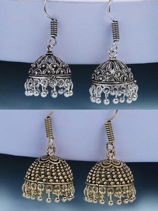 NVR Women Set of 2 Oxidized German Silver Jhumka Earrings-One Size / Gold, Silver / German Silver