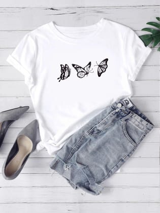Womens Round Neck Printed White T.shirts-XS