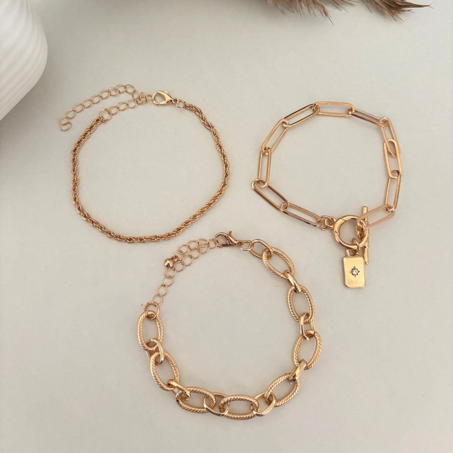 Golden Toggle & Curb Chain Trio Bracelet-Gold