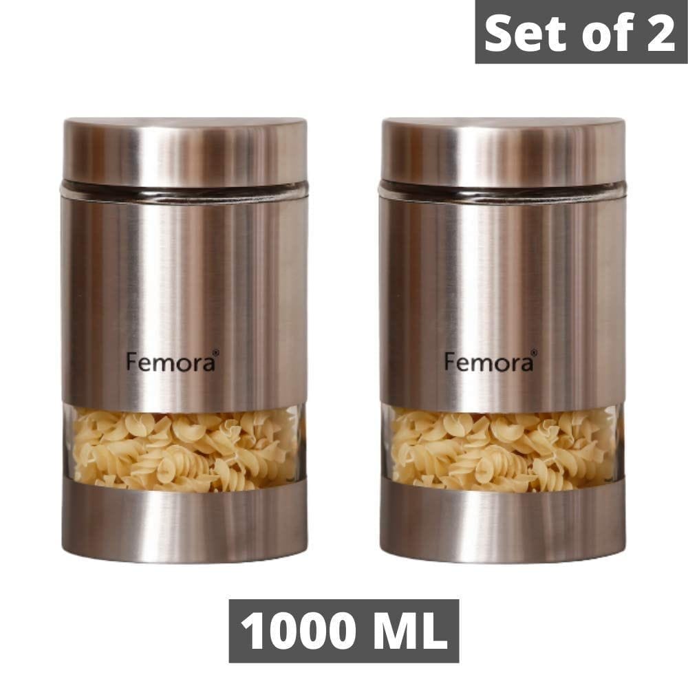 Femora Metallic Clear Glass Kitchen Storage Jars, 1000 ml, Set of 2, Free Replacement of Lids