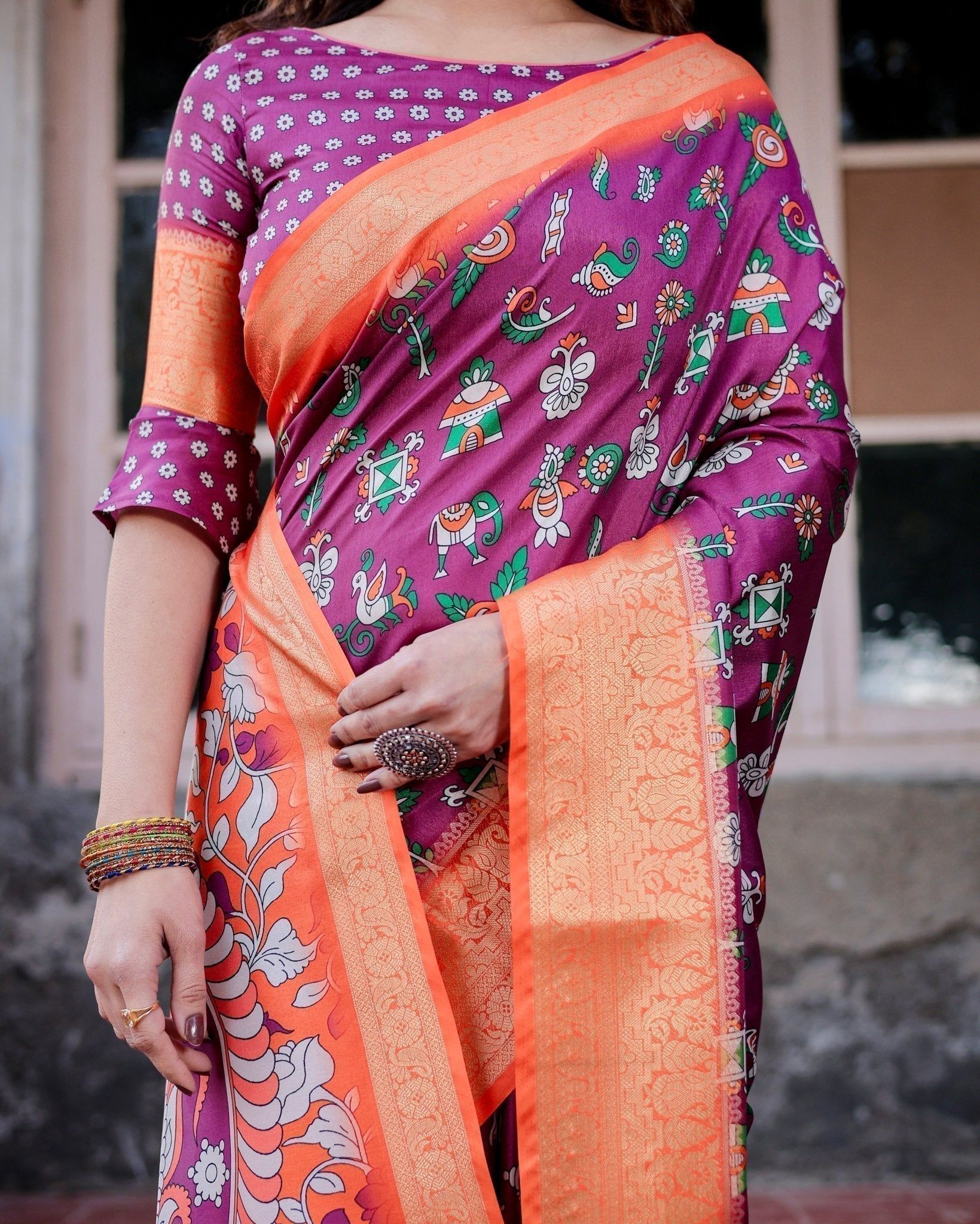 Wine Purple and Orange Tussar Silk Saree with Floral Motifs and Artistic Pallu-Regular
