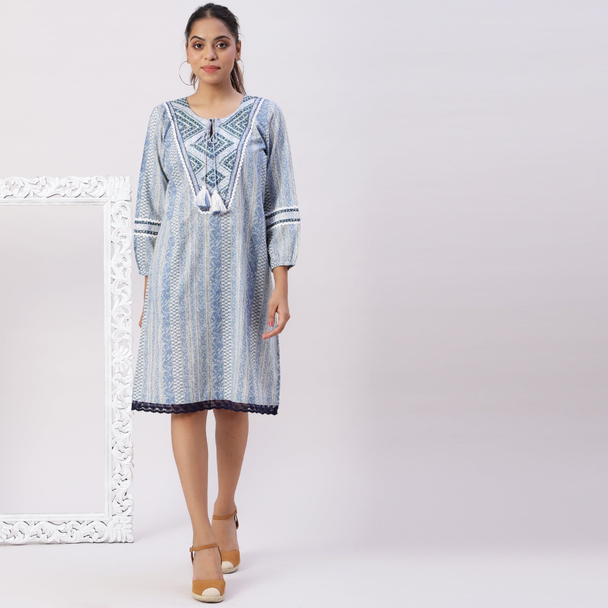 Cotton Printed Dress with Embriodery Detailing-XS