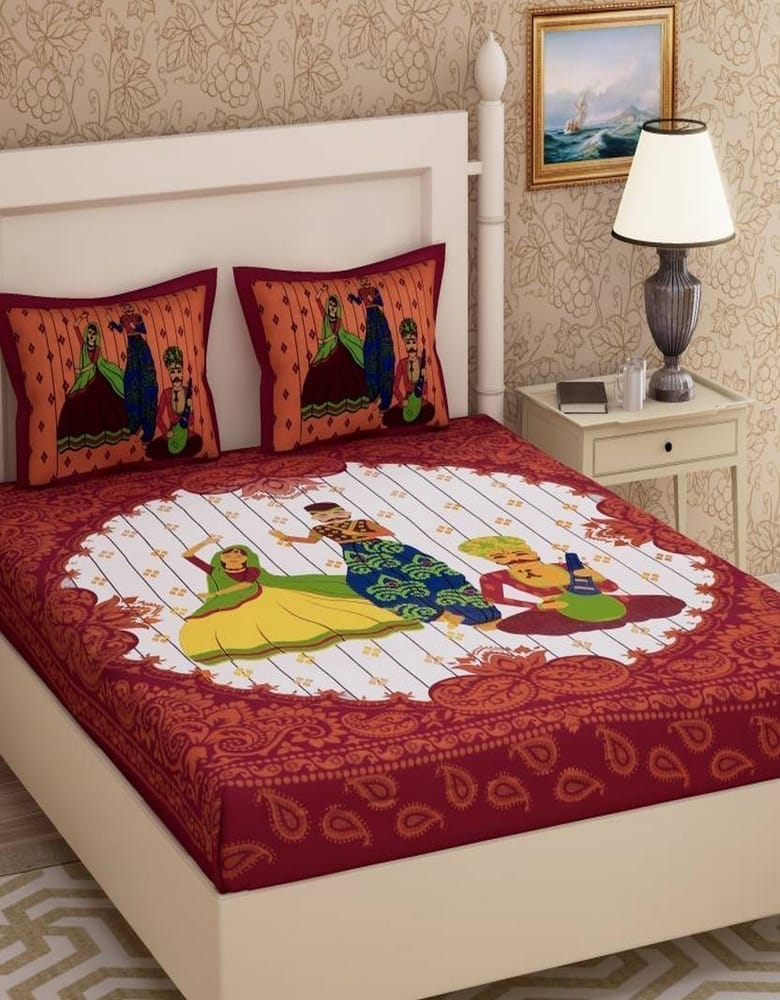 3001-Hometrade India-Standard King Size (90*108 Inches) Double Bedsheet With 2 Pillow Cover-RJ-14-Jaipur lining-3362