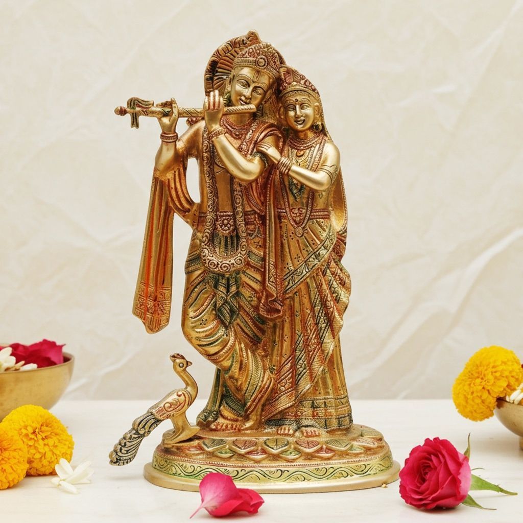 Brass Radha Krishna God Idol - Traditional Home Temple Statue, Height : 12 Inch (BSMAS399 C)