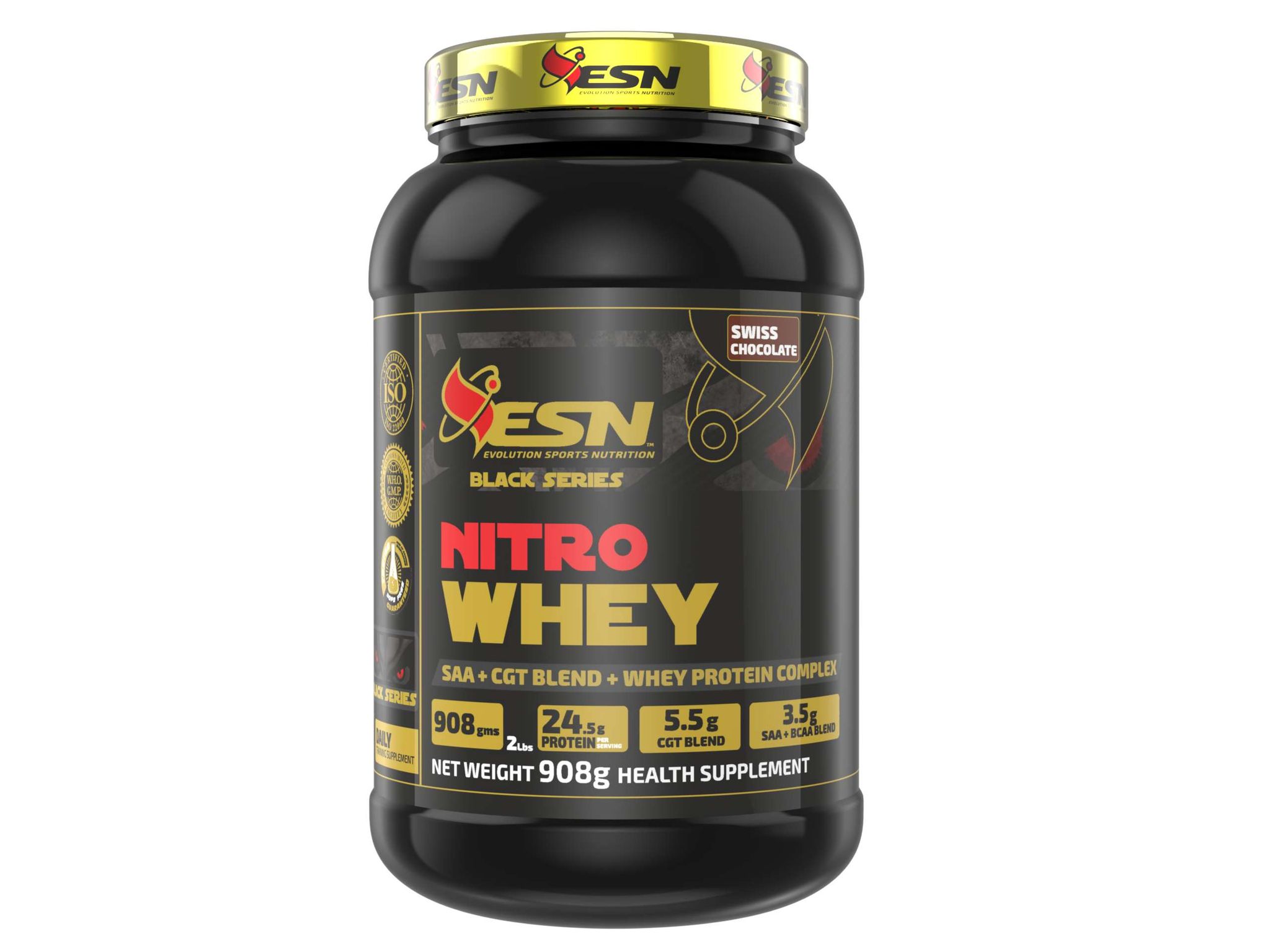 ESN Black Series Nitro Whey Protein, 2lbs, Swiss Chocolate, 24.5g Protein, 5.5g Creatine Monohydrate & Creatine Ethyl Ester, 3.5g Saa+bcaa With L-glutamine & Taurine, Muscle Building