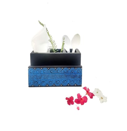 Himadri Emporium (Uttarakhand Government Undertaking) Aipan Hand Painted Cutlery Cum Tissue Paper Holder-Black and Blue
