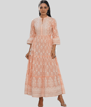 Juniper Women Cotton Blend Printed Ethnic Dress ( Peach )