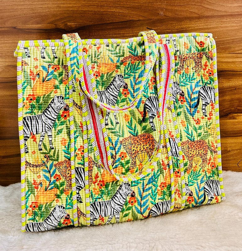 Handblock Printed Quilted Tote Bag with concealed zip ( 17x18x 6 inches)