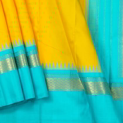 Yellow And Cyan Kanchipuram Silk Saree With Temple Korvai Border For Festive Wear PV NYC 1452