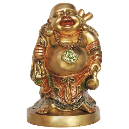 Brass Laughing Buddha Idol - Feng Shui God of Wealth Statue, Height : 10.5 Inch (BSMAS036 G)