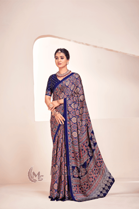 Blue Ajrakh Printed Soft Modal Silk Natural Print Saree P2-1