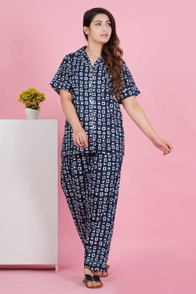 Stunning Geometric Print Blue Half Sleeve Pyjama Set-S / Blue / 100% Cotton