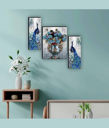 Saf - Couple Peacock With Floral Pot Painting Without Frame Set of 3