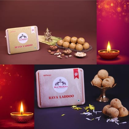 Desi Mitahara's Festive Pack | Besan Laddoo & Rava Laddoo - 960gm (2 Pack of 480gms each) Traditional Indian Sweets - Purely Homemade Ladu - Healthy, Nutritious Snack, No Artificial Colours- Suitable for All Ages
