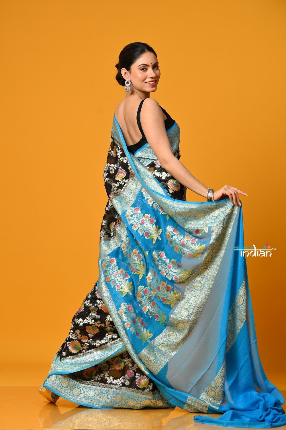 Suhaani PREMIUM~ Handloom Khaddi Georgette Saree With All Over Floral Jaal~ Classy Black with Blue