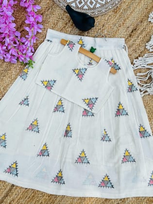 Byzantine Pure Cotton Fabric  work Embroidery Lahenga Choli-Beige / 0-6 Month