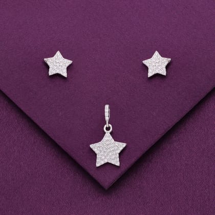 Sterling Zircon Star Pendant & Earring Set-White Stone / Silver