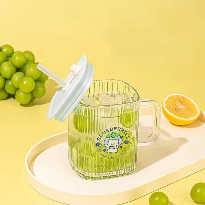 Drinking Glasses 400 ML Coffee Mugs with Handle Lid and Straw Tumbler Travel Sipper Cup for Milk Juice Cocktail Iced Tea Hot Cold Drink Kids Cup (Set of 1) Multi-Colour