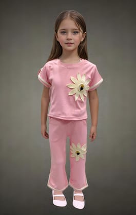 Girl's Purple Flower Causal Co-Ord  Set [GCS-7741](3-11 Years)-10-11Y (Size - 34) / Ribbed / peach
