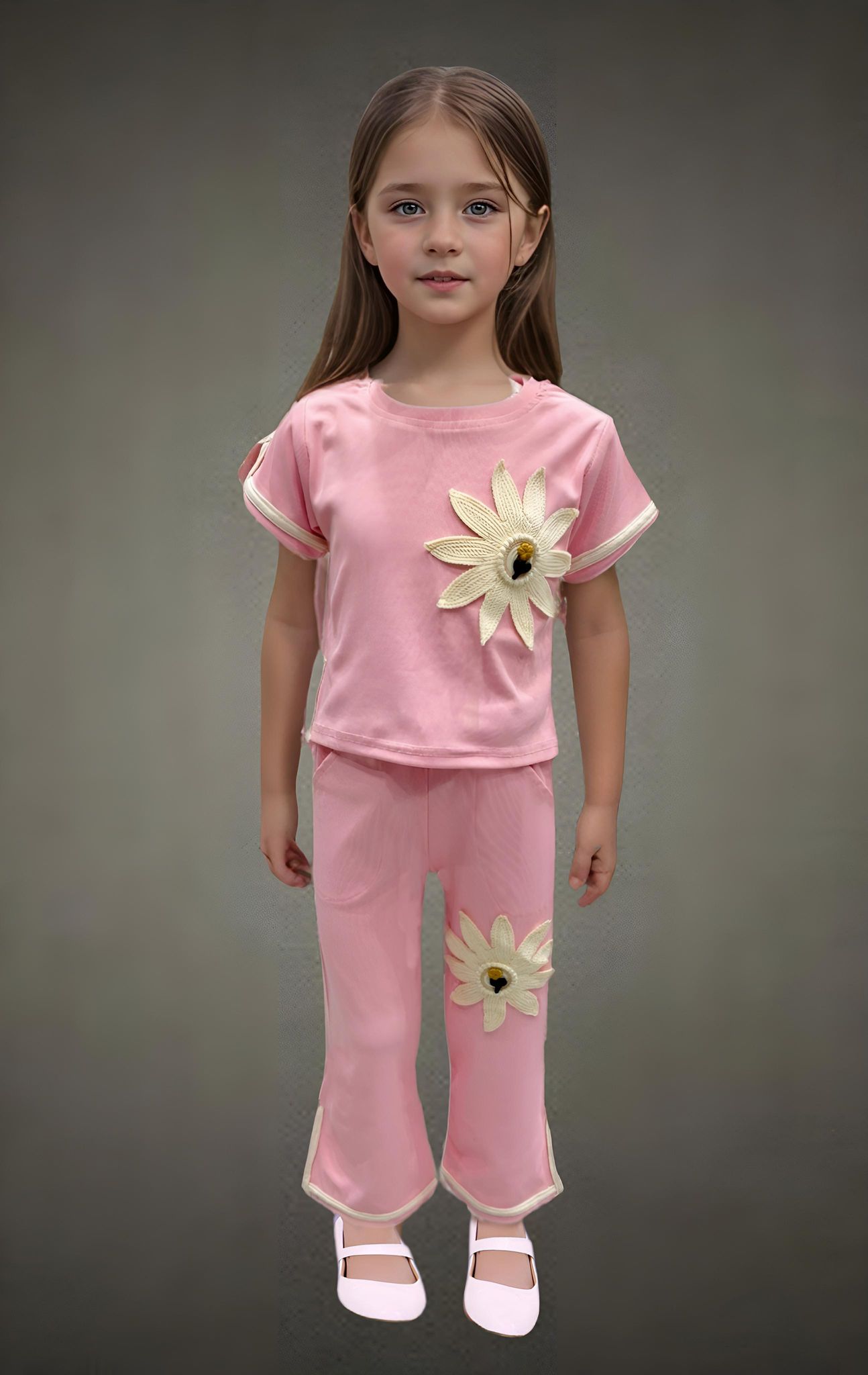 Girl's Purple Flower Causal Co-Ord  Set [GCS-7741](3-11 Years)-10-11Y (Size - 34) / Ribbed / peach