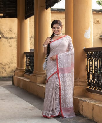 Mocha red cotton handloom jacquard jamdani saree