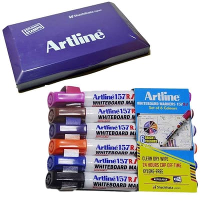 Artline Combo Pack of EHJ3 Stamp Pad Violet with White Board Marker Set of 6 - Perfect for Art, Office, and School Use