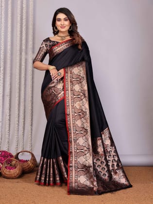 Black Banarasi Saree | Soft Silk with Peacock Zari Jacquard Border