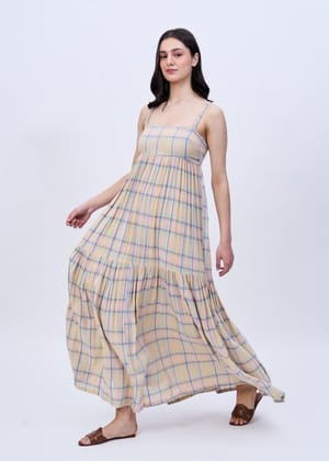 Breeze (pastel check braided straps maxi dress)-Beige / XS