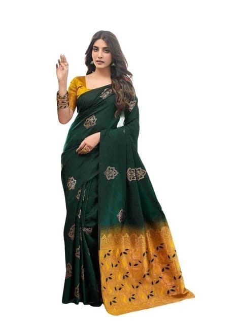 Women's Soft Lichi Silk Printed Saree With Unstitched Blouse 5.5Mtr (Green)-PID63677